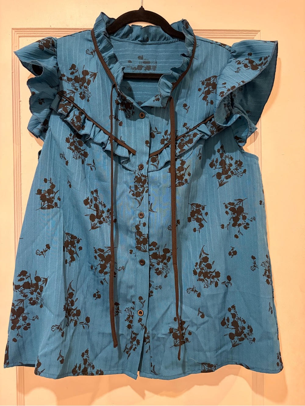 SHEIN Blue Floral Ruffle Tie-Front Blouse
